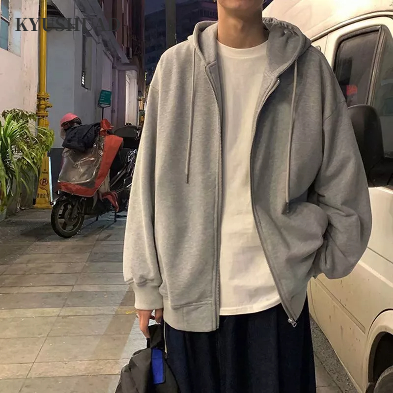Màu xám zi pper áo len nam mùa thu và mùa đông có mũ trùm đầu áo khoác cardigan lông cừu màu rộng và mỏng