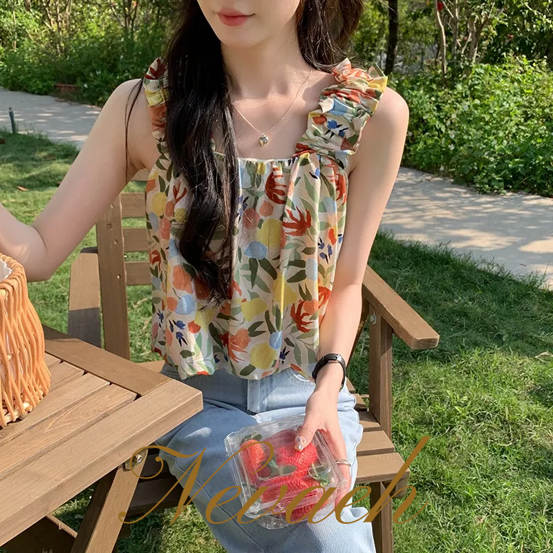 Áo Thun Không Tay Họa Tiết Hoa Thời Trang Hàn Quốc Cho Nữ