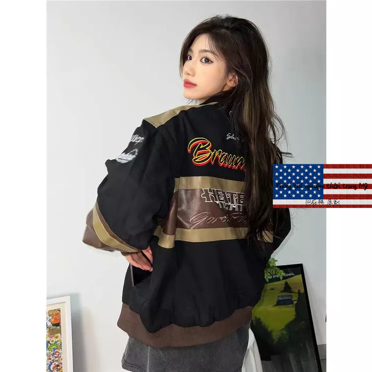 Áo Khoác Bóng Chày Chất Da Thêu Họa Tiết Phong Cách Âu Mỹ Cổ Điển Thời Trang Đường Phố Cho Nam Và Nữ Áo khoác xe máy Màu đen Đua xe Quần áo bông oversize motorcycle jacket vintage