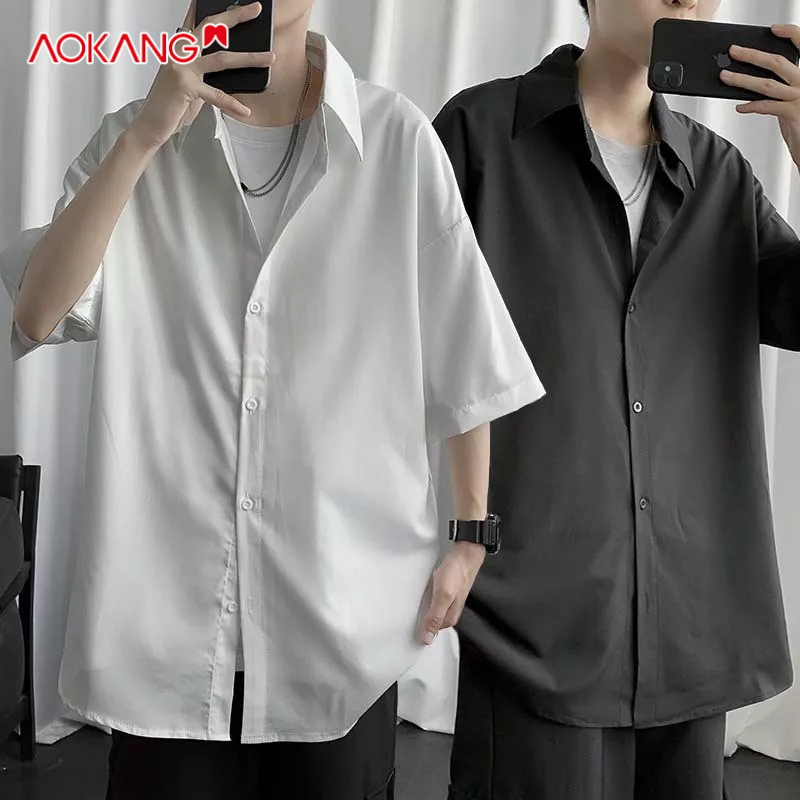 Áo sơ mi AOKANG tay lửng phong cách harajuku Nhật Bản thời trang mùa hè giản dị dành cho nam