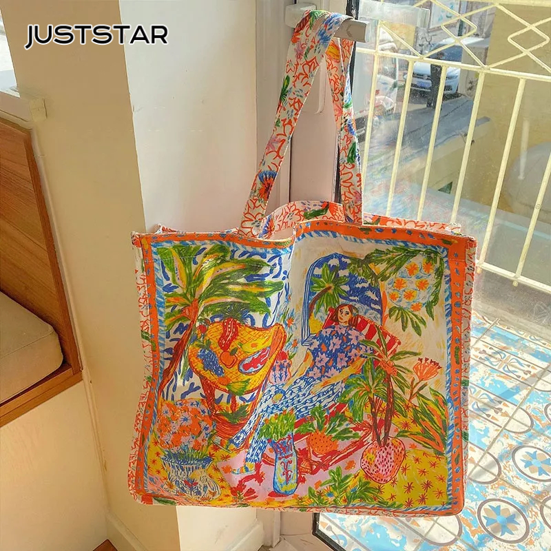 JUST STAR Túi Xách Đeo Vai Bằng Vải Bạt Hai Mặt Sức Chứa Lớn In Họa Tiết niche Thái Lan