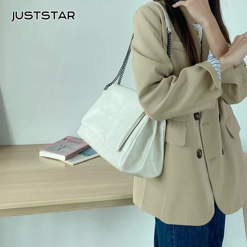 JUST STAR Túi xách da PU sức chứa lớn màu trơn thời trang cho nữ