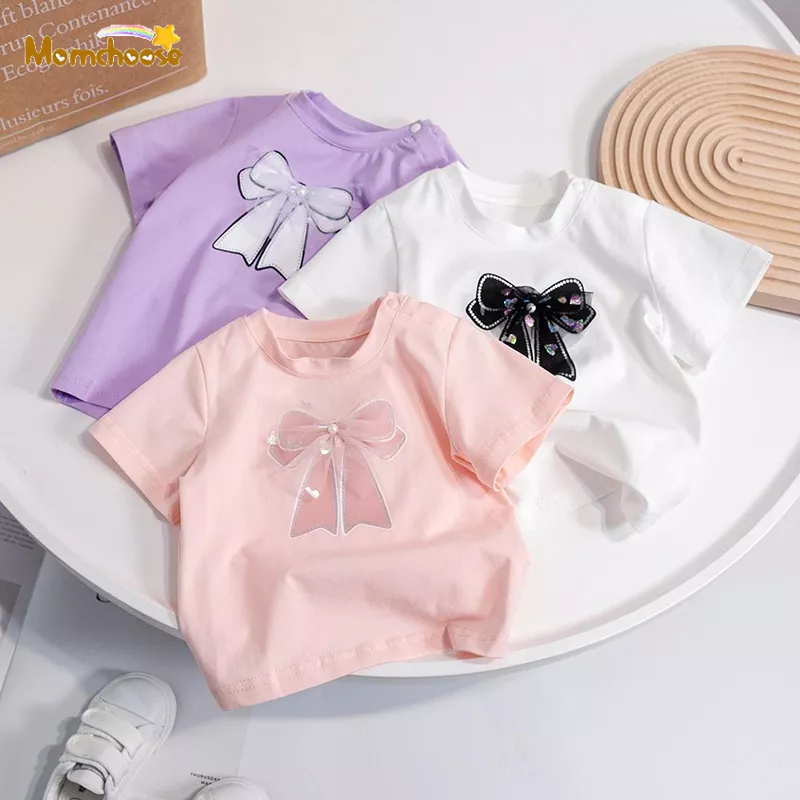 MOMCHOOSE Áo Thun Ngắn Tay Đính Nơ Dễ Thương Thời Trang Cho Bé Gái