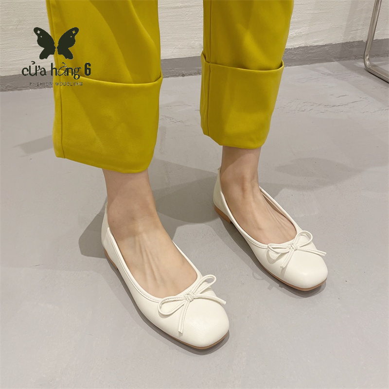 🙌Giày Búp Bê Mũi Tròn Đế Mềm Đính Nơ Màu Bạc Thời Trang Mùa Hè Cho Nữ Giày bệt của phụ nữ Pháp ngách tròn ngón chân nơ miệng nông bạc Peas giày cạp giày