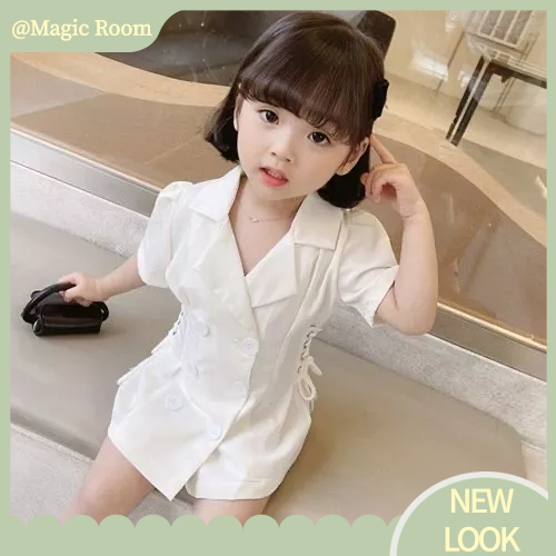 Babyfair Đầm Trẻ Em Tay Ngắn Bé Gái Nút Trước Dây Rút Eo Thon Gọn