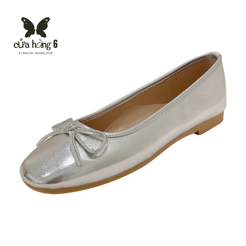 🙌Giày Búp Bê Mũi Tròn Đế Mềm Đính Nơ Màu Bạc Thời Trang Mùa Hè Cho Nữ Giày bệt của phụ nữ Pháp ngách tròn ngón chân nơ miệng nông bạc Peas giày cạp giày