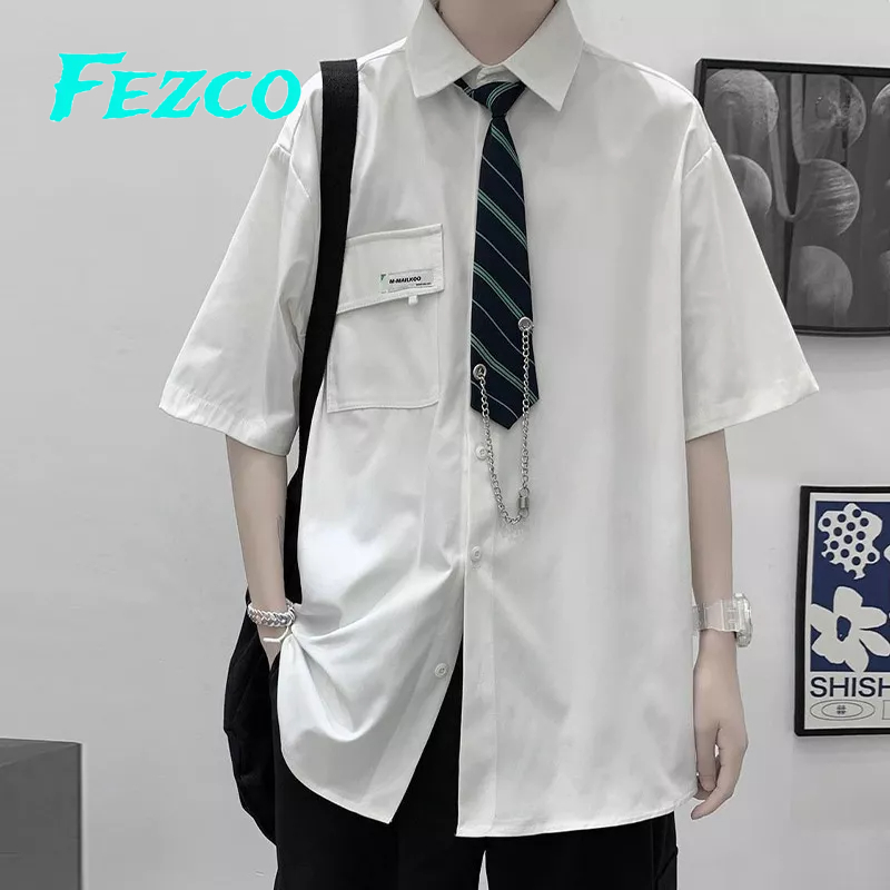 Fezco Áo Sơ Mi Dáng Rộng Phối Cà Vạt Thời Trang retro Nhật Hàn Cho Nam Nữ