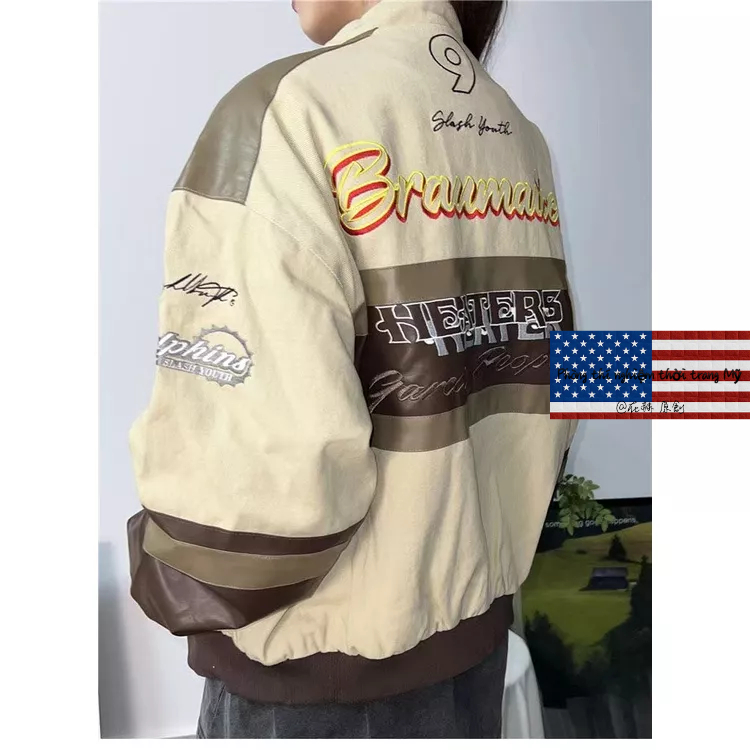 Áo Khoác Bóng Chày Chất Da Thêu Họa Tiết Phong Cách Âu Mỹ Cổ Điển Thời Trang Đường Phố Cho Nam Và Nữ Áo khoác xe máy Màu đen Đua xe Quần áo bông oversize motorcycle jacket vintage