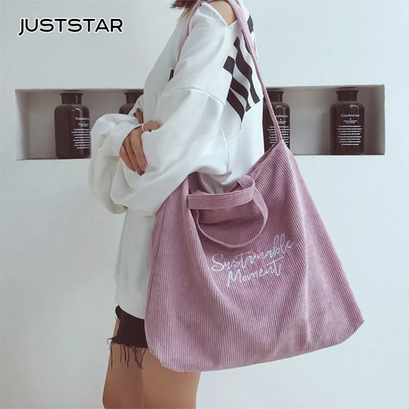 Túi đeo vai vải nhung JUSTSTAR sức chứa lớn phong cách Hàn Quốc cho nữ