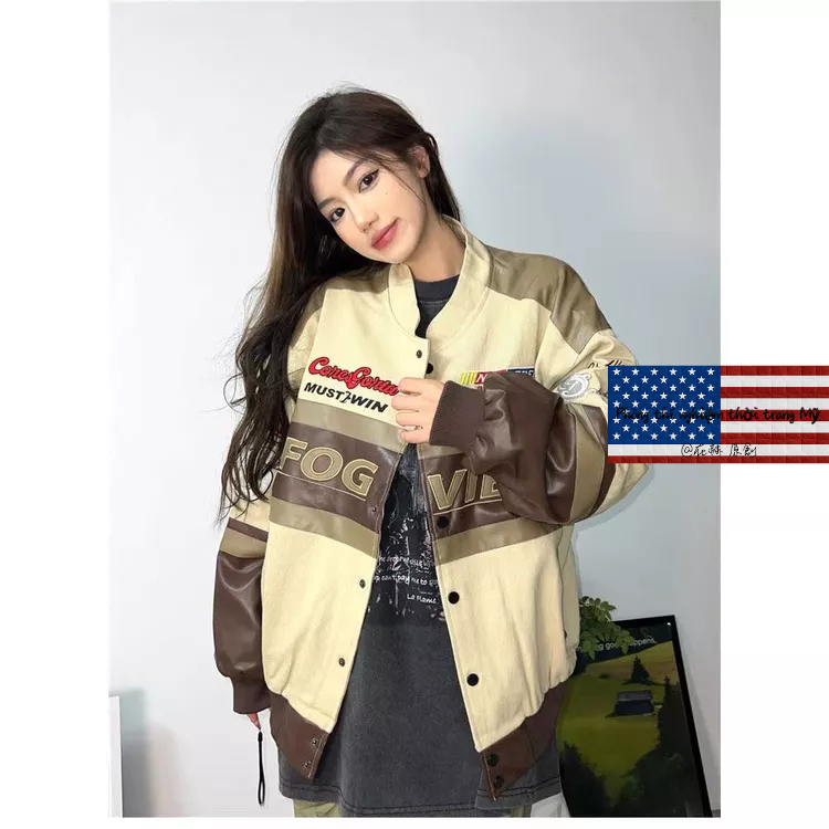 Áo Khoác Bóng Chày Chất Da Thêu Họa Tiết Phong Cách Âu Mỹ Cổ Điển Thời Trang Đường Phố Cho Nam Và Nữ Áo khoác xe máy Màu đen Đua xe Quần áo bông oversize motorcycle jacket vintage