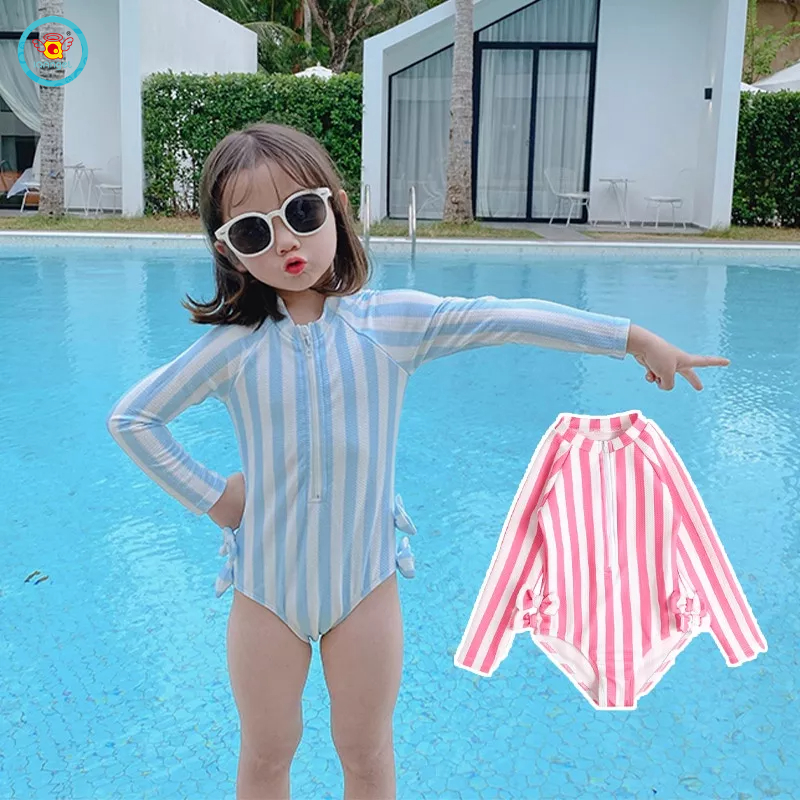 Bộ đồ bơi liền thân IQ ANGEL phối dây kéo kẻ sọc phong cách Hàn Quốc thời trang cho bé gái