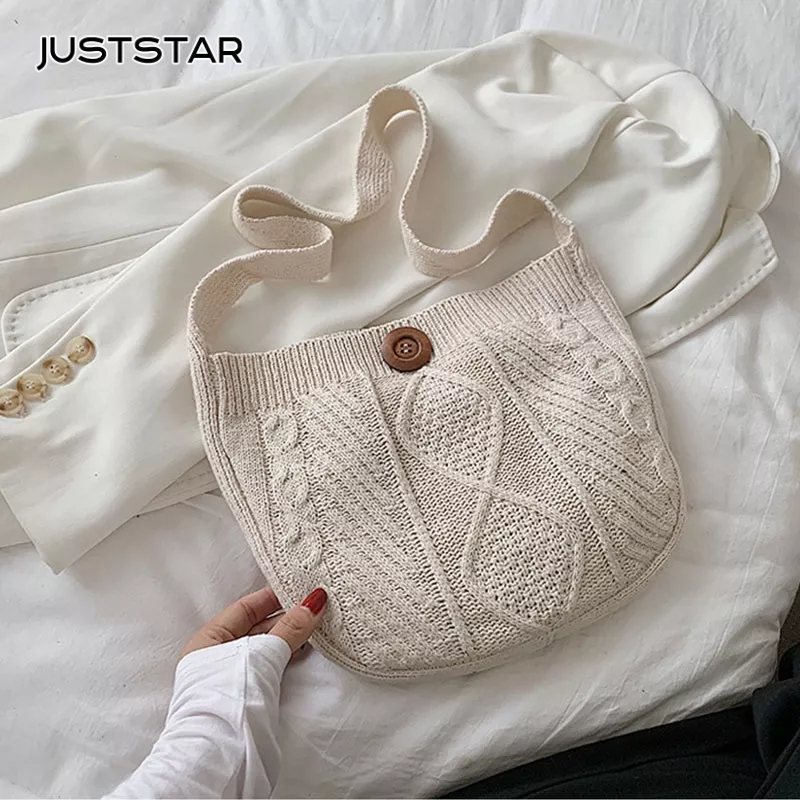 JUST STAR Túi Tote Đan Len Đeo Vai Kiểu retro Đơn Giản Hàng Mới