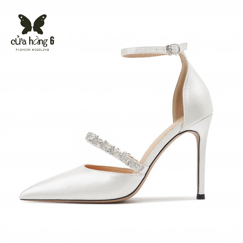 🙌 Giày Cao Gót Mũi Nhọn Đính Đá Màu Trắng / Đen Thời Trang Sang Trọng Cho Nữ Giày cưới màu trắng giày gót nhọn giày cao gót Rhinestone nơ