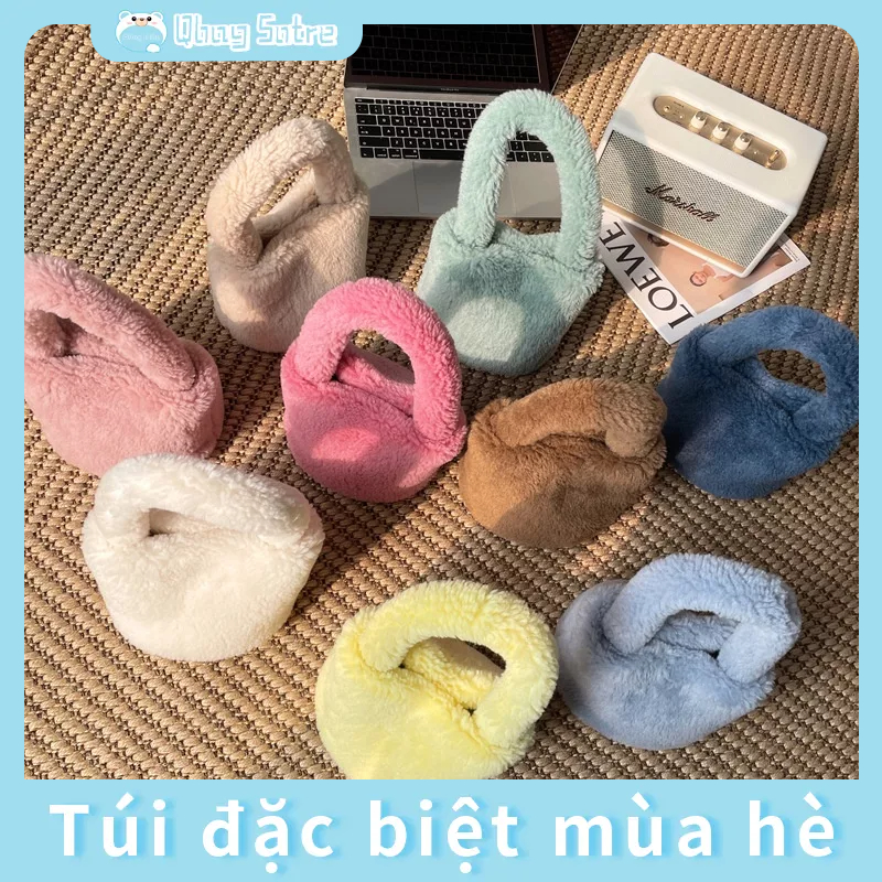 Túi Xách Lông Nhung Khóa Nam Châm Hình Trụ Dễ Thương Xinh Xắn Cho Nữ