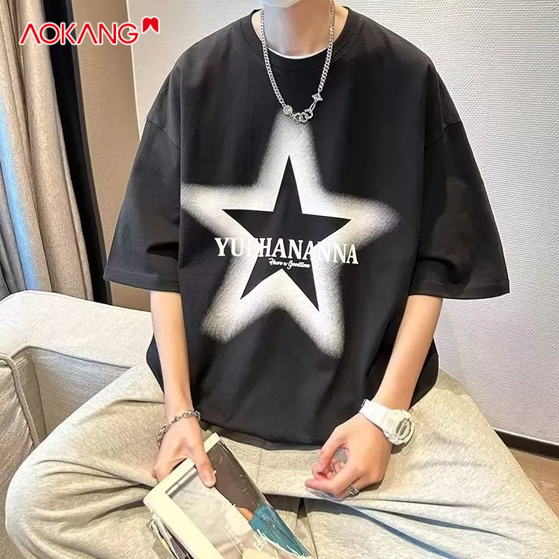 Áo thun cotton AOKANG tay ngắn cổ tròn dáng rộng phong cách Hong Kong thời trang mùa hè 2023 mới cho nam