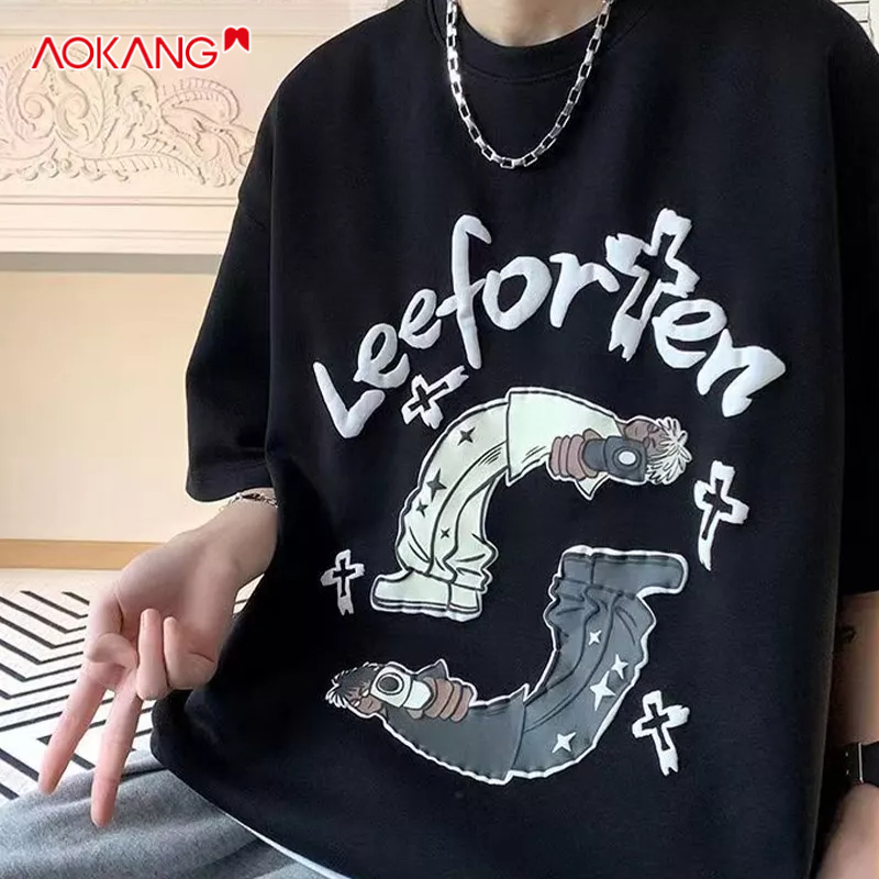 Áo thun AOKANG tay ngắn cổ tròn in họa tiết hoạt hình phong cách đường phố Mỹ thời trang cho nam