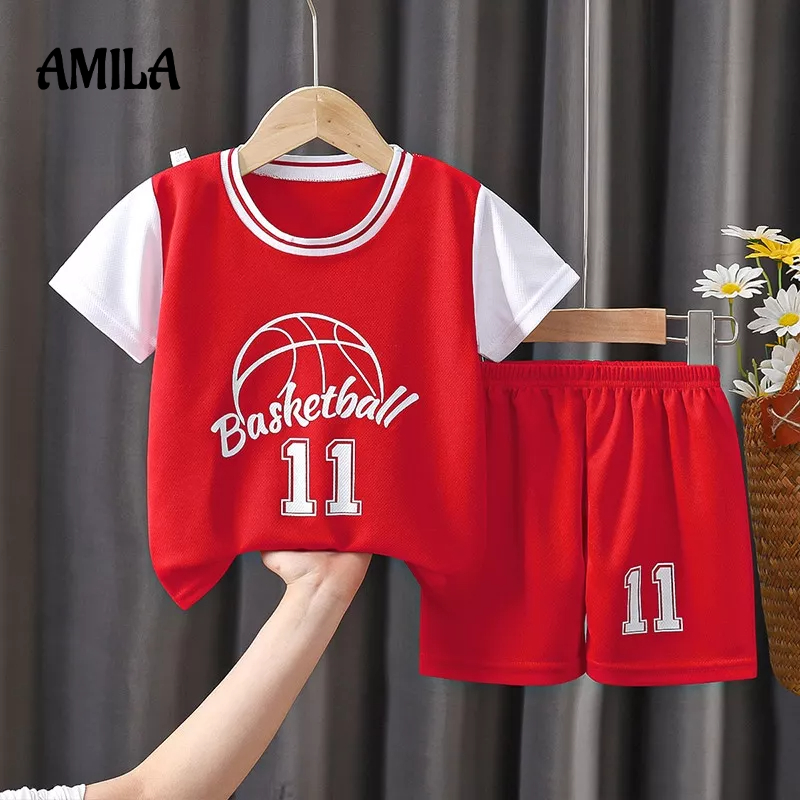 Set trang phục thể thao bóng rổ AMILA áo thun tay ngắn và quần đùi nhanh khô cá tính dành cho bé trai