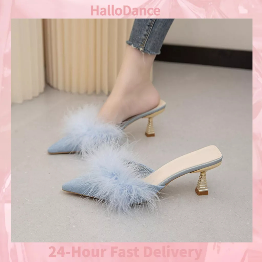 HalloDance Người phụ nữ Mũi Nhọn Dép Gót Lông Tơ Sang Trọng Trượt Trên Giày Thấp Hở Lưng