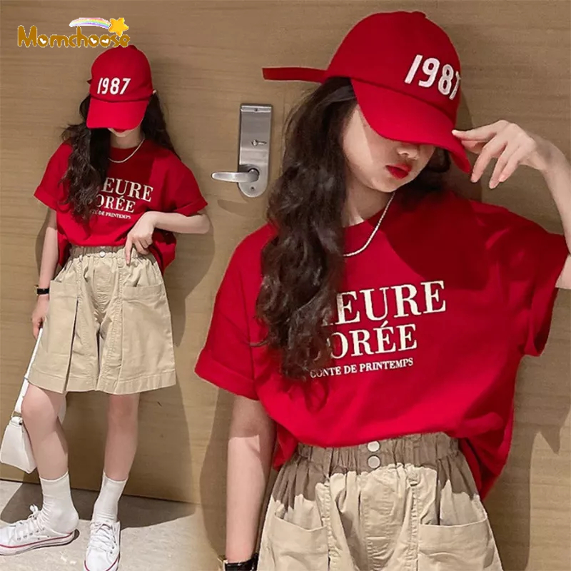 MOMCHOOSE Áo Thun cotton Tay Ngắn In Chữ Phong Cách Hàn Quốc Thời Trang Mùa Hè Cho Bé Gái