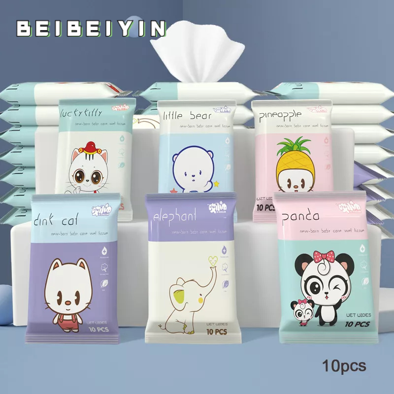 BEIBEIYIN Set 10 Túi Khăn Giấy Ướt Lau Tay Cho Bé Có Thể Thu Gọn Tiện Dụng