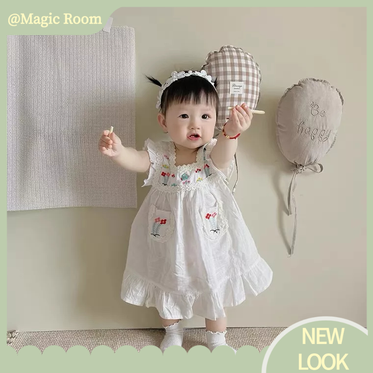 Babyfair Đầm Bé Gái Cotton Không Tay Thêu Thoáng Khí Mùa Hè Có Ren Viền Cho 1 Tuổi Tập Đi
