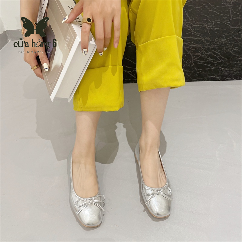 🙌Giày Búp Bê Mũi Tròn Đế Mềm Đính Nơ Màu Bạc Thời Trang Mùa Hè Cho Nữ Giày bệt của phụ nữ Pháp ngách tròn ngón chân nơ miệng nông bạc Peas giày cạp giày