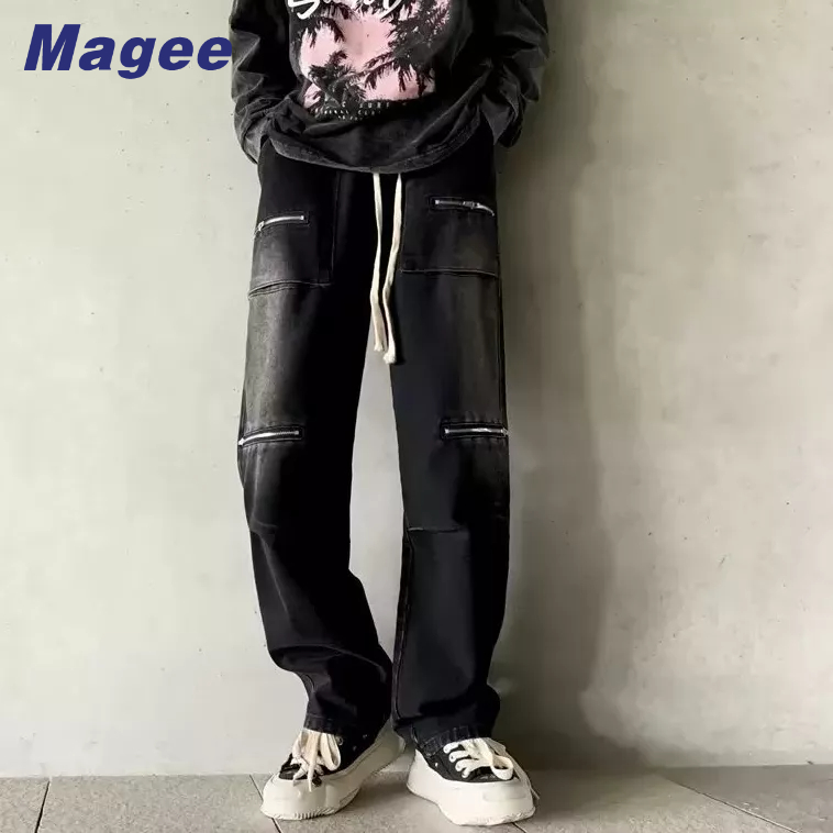 Magee Quần Jean Có Khóa Kéo Màu Trơn Phong Cách Harajuku Nhật Bản Thời Trang Mùa Hè Trẻ Trung Dành Cho Nam