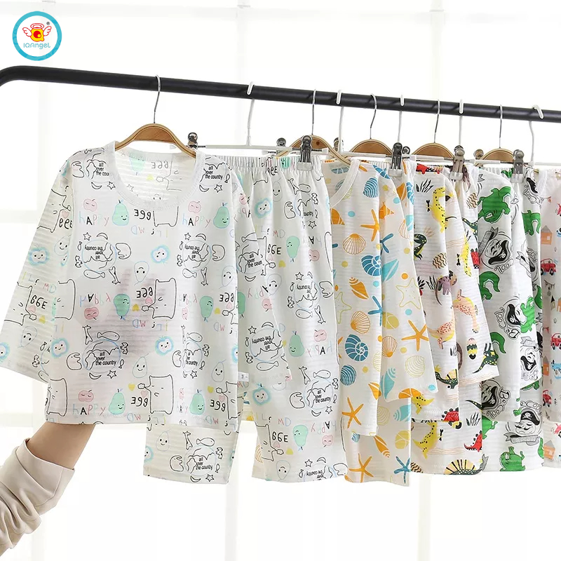 Bộ đồ ngủ IQ ANGEL cotton tay dài thoáng mát phong cách Hàn Quốc thời trang mùa hè dành cho trẻ em