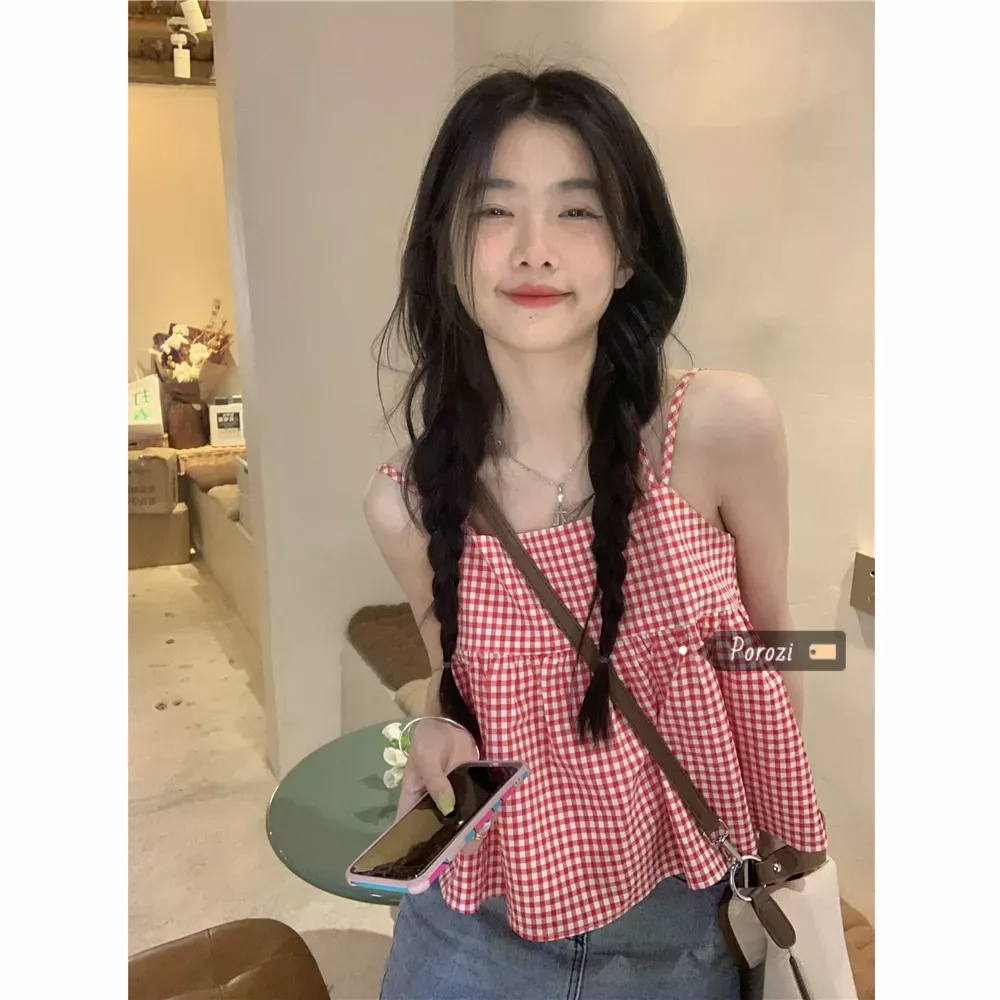 Porozi   Áo Hai Dây Họa Tiết Sọc Caro Ngọt Ngào Thời Trang Mùa Hè Theo Phong Cách Hàn Quốc