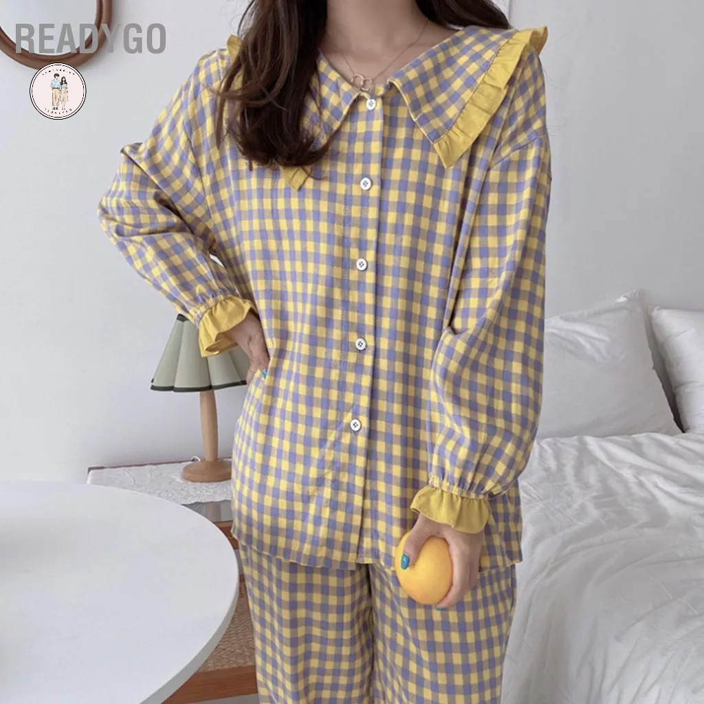 Bộ Đồ Ngủ Tay Dài Dáng Rộng Họa Tiết Kẻ Sọc Thời Trang Xuân Thu Xinh Xắn Cho Nữ