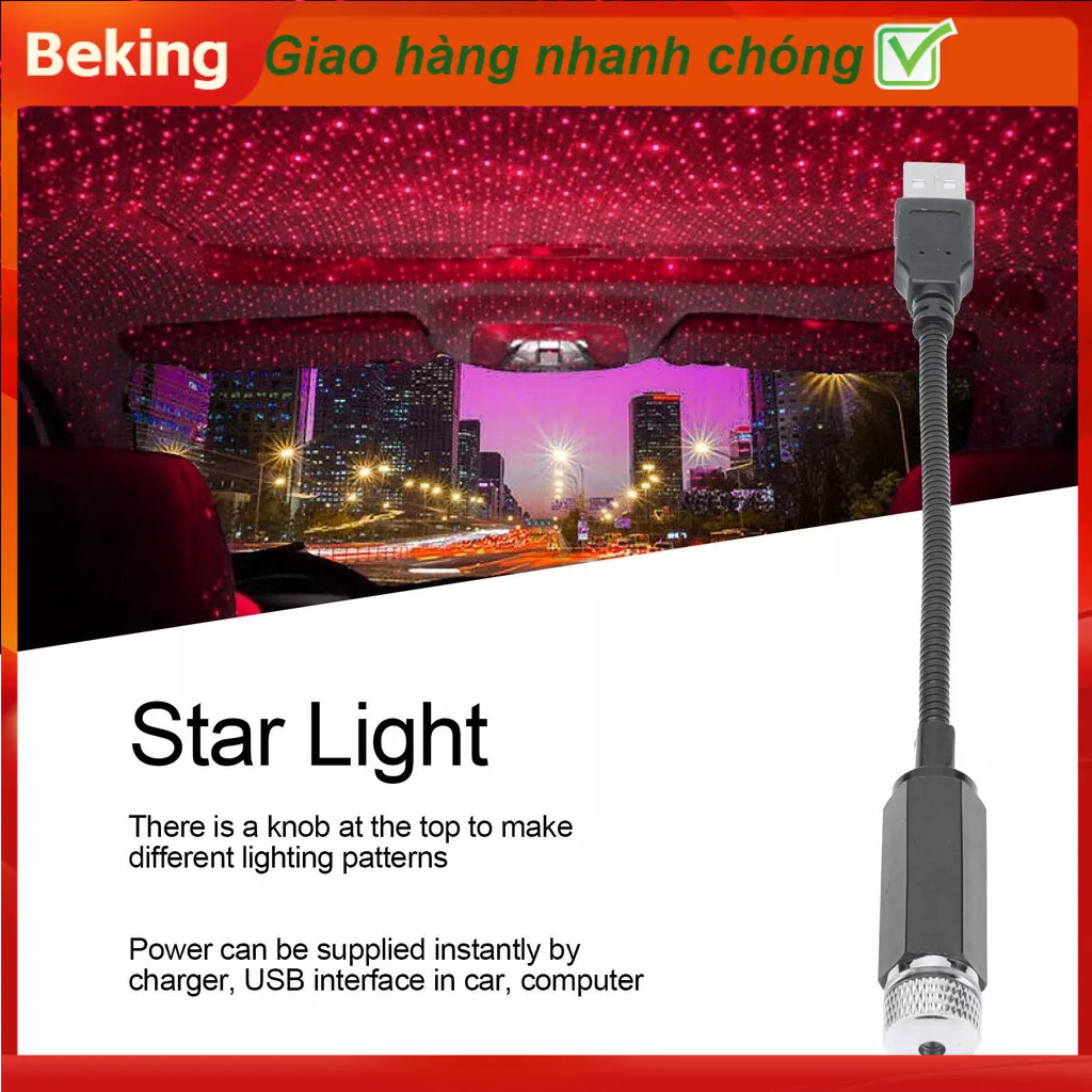Beking Đèn LED trên mái nhà Ngôi sao di động Xe hơi lãng mạn Sky Light Sạc USB cho trong ngoài trời