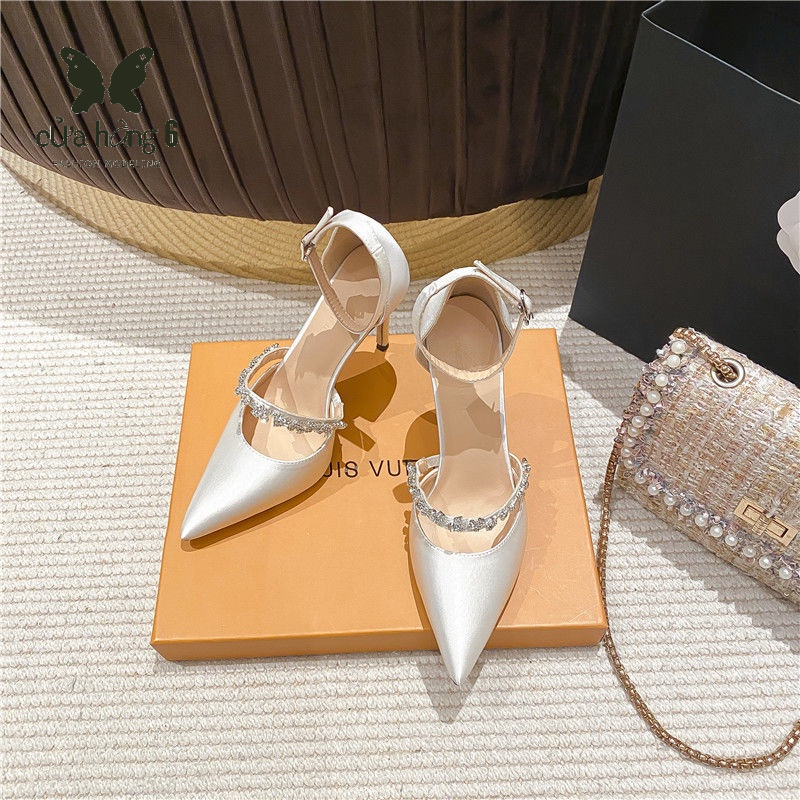 🙌 Giày Cao Gót Mũi Nhọn Đính Đá Màu Trắng / Đen Thời Trang Sang Trọng Cho Nữ Giày cưới màu trắng giày gót nhọn giày cao gót Rhinestone nơ