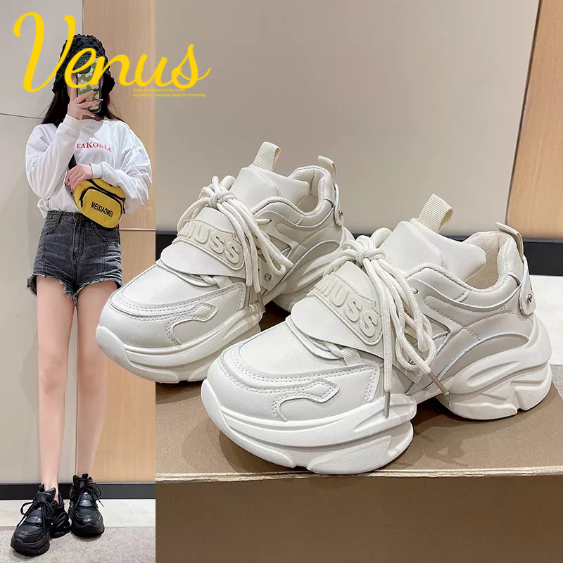 Giày Thể Thao Đế Cao Su Dày Màu Trắng Dễ Phối Đồ Thoáng Khí Cho Nữ