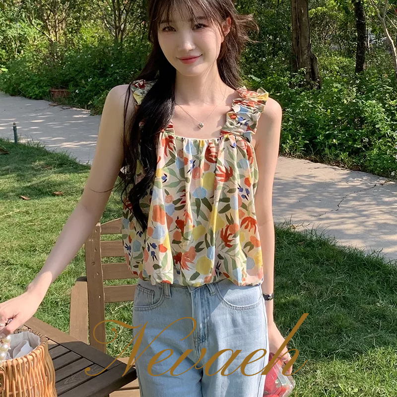 Áo Thun Không Tay Họa Tiết Hoa Thời Trang Hàn Quốc Cho Nữ