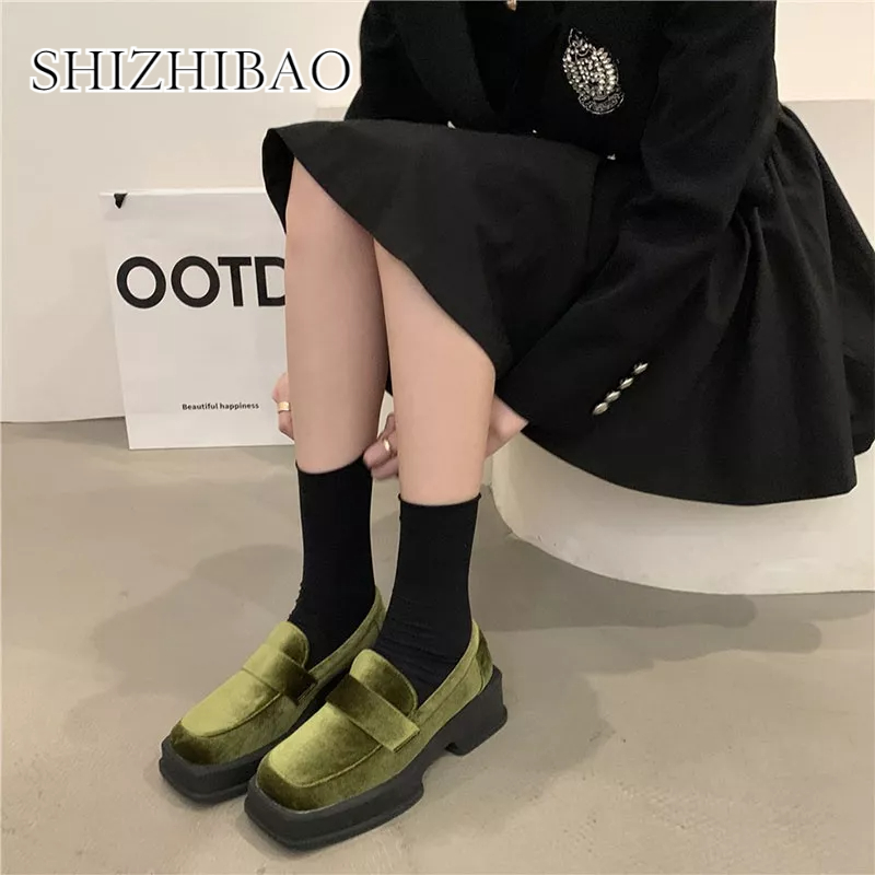 Shizhibao Giày Lười Da Nhung Nhỏ Phong Cách Anh Quốc Cho Nữ