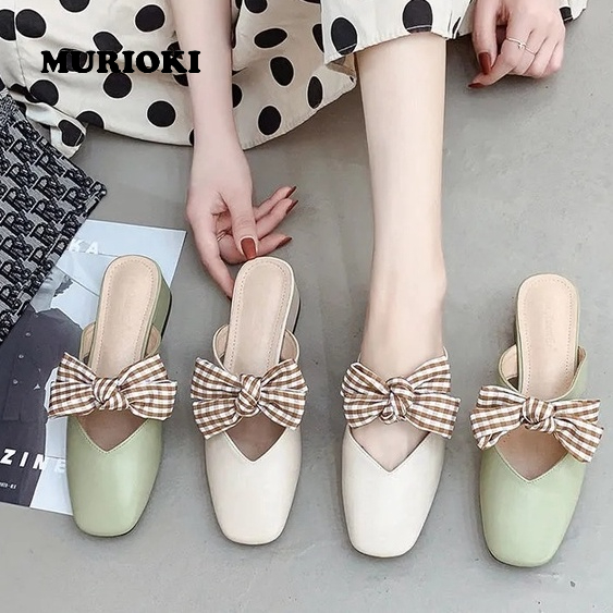 MURIOKI Giày cao gót nữ gót vuông mũi nhọn nơ
