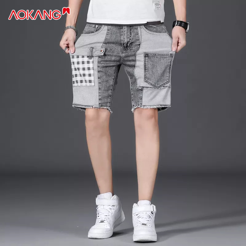 Quần Short Denim Nhiều Túi Màu Sắc Tương Phản Phong Cách Hong Kong Cho Nam