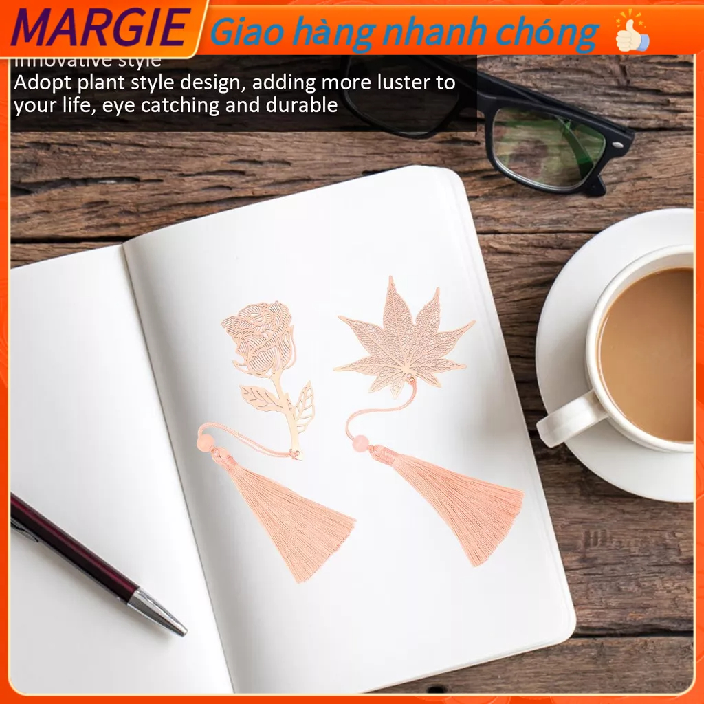MARGIE 2 Chiếc Kim Loại Đánh Dấu Trang Hoa Hồng Vàng Thép Không Gỉ Mạ Điện Lá Phong Cách Rỗng Cho Văn Phòng Trường Học
