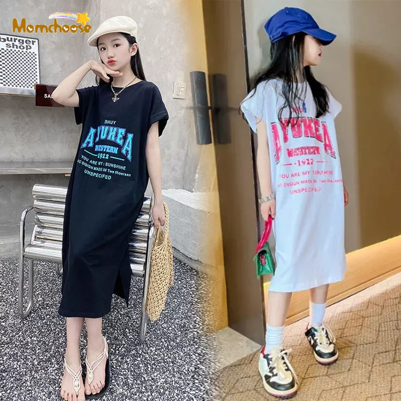 MOMCHOOSE Đầm Thun Mùa Hè Xẻ Tà Phong Cách Mới Thời Trang Cho Bé Gái