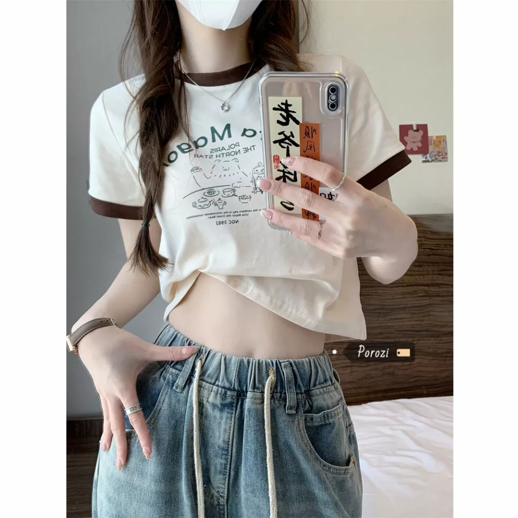 Porozi Áo Thun Ngắn Tay Phong Cách vintage Thời Trang Cho Nữ