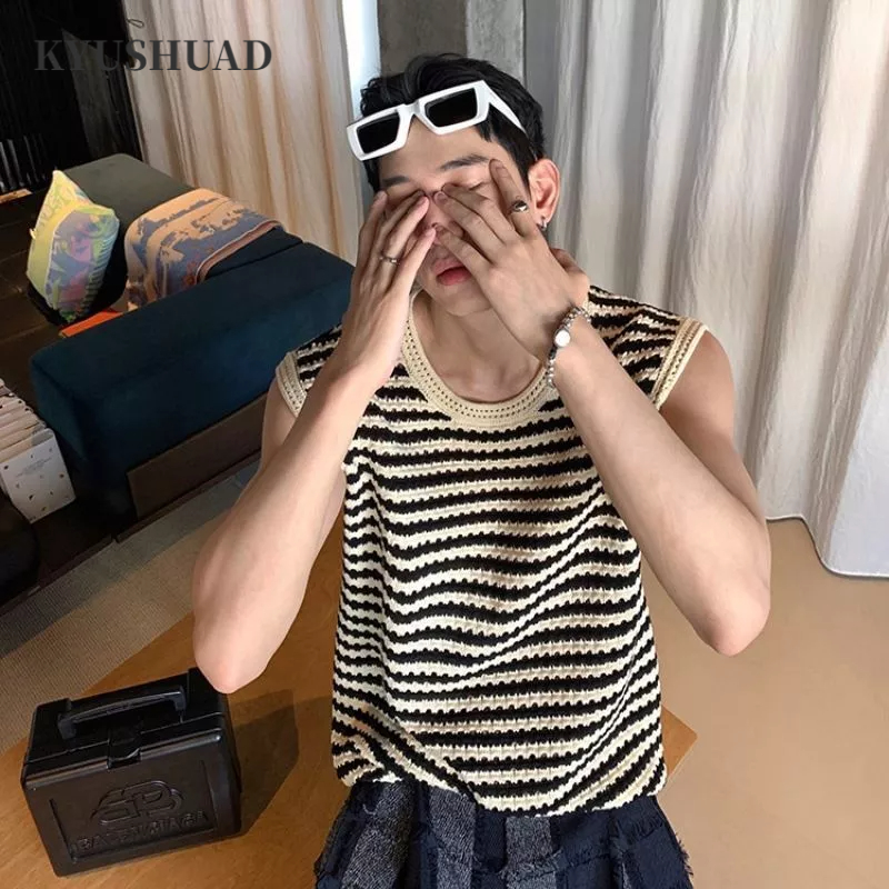Kyushuadid | Áo Dệt Kim Sát Nách Kẻ Sọc Ngang Trắng Đen Phong Cách retro Cho Nam