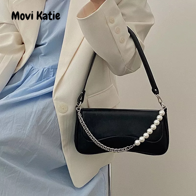 Movi Katie Túi Xách Da PU Màu Trơn Phối Dây Xích Ngọc Trai Phong Cách Hàn Quốc Cho Nữ