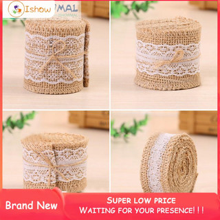 Cuộn ruy băng vải bố sợi đay tự nhiên phối ren trắng dài 2m vintage thanh nhã cho trang trí tiệc cưới
