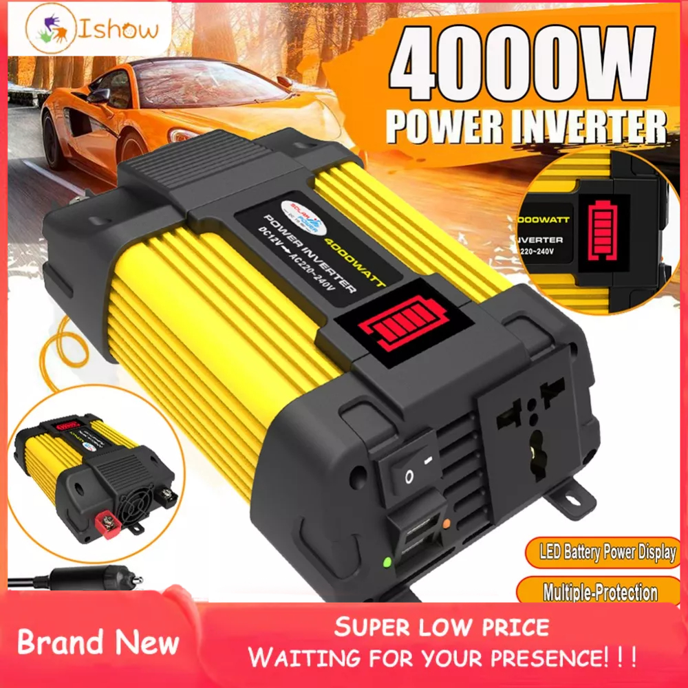 ⚡Hot Sale⚡Car power converter 12V DC to 110V/220V AC sine wave conversion transformer car inverter DC 12V to AC 110/220V Car Inverter 4000W LED Display Multifunction Dual USB Power Converter Voltage Adapter Transformer