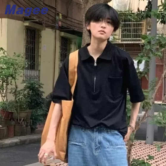 Áo Thun POLO Màu Trơn Phong Cách Harajuku Nhật Bản Thời Trang Cho Nam