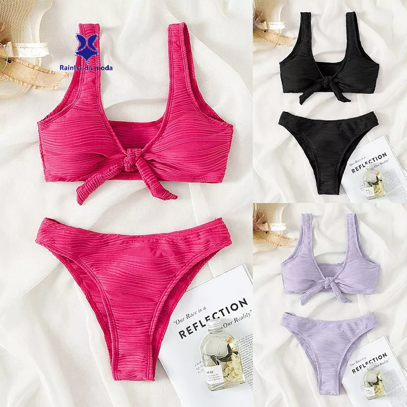 Bộ Đồ Bơi Bikini Hai Dây Lưng Cao Màu Trơn Phong Cách Âu Mỹ Hàng Mới 2023