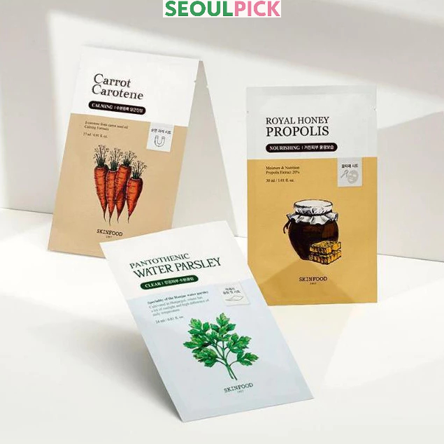 [Skinfood] Tấm mặt nạ (4 Loại) - Làm dịu Carotene cà rốt / Peptide lỗ chân lông Acorn / Mùi tây nước