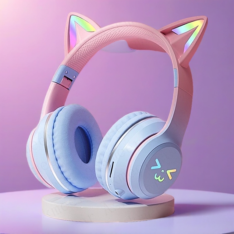 Tai Nghe Mèo Chụp Tai Bluetooth Mẫu Mới 2023,Tai Nghe Chơi Game Học Online Headphone Có Đèn Led