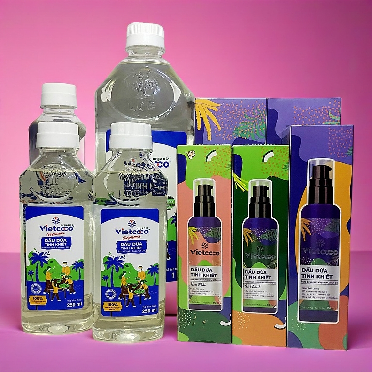 Dầu dừa Vietcoco ép lạnh nguyên chất Hữu Cơ nấu ăn, dưỡng tóc, dưỡng mày, dưỡng môi ,vòi nhấn, massage