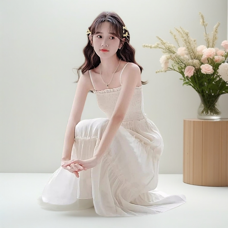 Đầm 2 Dây Váy Maxi Nhún Ly Ngực Phối Ren Chất Vải Voan Tơ Mềm Mát May 2 Lớp Dây Có Khoá Điều Chỉnh Phong Cách Nàng Thơ